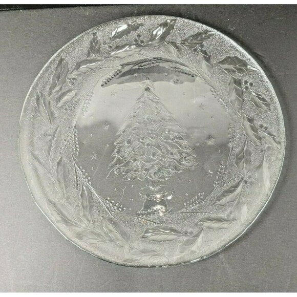 Holiday Glass Serving Plate With Christmas Tree Design & Holly Border - Picture 2 of 4